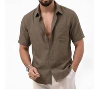 Camisa de manga corta para hombre estilo polo textura retro color sólido transpirable casual Top M-2XL (marrón claro M)