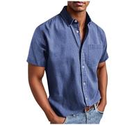 Camisa de manga corta para hombre, sin planchado, camisa para hombre con bolsillos, tallas grandes, camisa de manga corta, camisa de verano con botones, corte regular, camisa de verano, azul oscuro