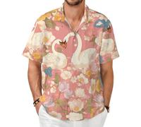 Camisa de manga corta Swans in the Flowers - Camiseta casual de verano con botones, Negro, X-Large-8X-Large