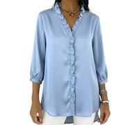 Camisa de manga farol con volantes para mujer, cuello en V, ligera, ajuste relajado, elegante, túnica casual, azul, 5XL