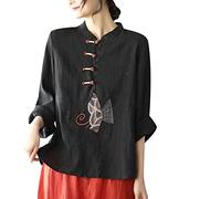 Camisa de manga larga con bordado étnico vintage para mujer, cuello mandarín, algodón, lino, casual, botón de rana, chino, tradicional, artes marciales, Kung Fu, Tai Chi Tang, Negro, 3XL