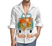 Camisa de manga larga con botones para hombre - Hello Fall Farm Truck V-cuello Casual Button Up Camisa Hombre con Bolsillo, Negro , M