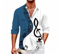 Camisa de manga larga con botones para hombre, notas musicales y clave de sol gráfico de bloques de color blanco y negro, blusa hawaiana para vacaciones, playa, elegante, suave, transpirable, cómoda