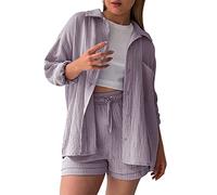 Camisa de Manga Larga con Cuello Arrugado de Primavera para Mujer, Pantalones Cortos con cordón de Cintura Alta, Conjunto Informal de Moda Grande Pantalones Cortos Terciopelo Mujer