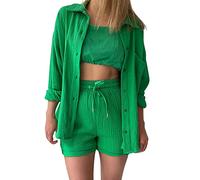 Camisa de Manga Larga con Cuello Arrugado de Primavera para Mujer, Pantalones Cortos con cordón de Cintura Alta, Conjunto Informal de Moda Grande Pantalones Cortos Terciopelo Mujer
