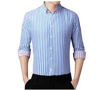 Camisa de Manga Larga con Solapa a Rayas Delgada Coreana de Simplicidad Casual para Hombre Top (Light Blue, XXXL)