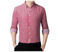 Camisa de Manga Larga con Solapa a Rayas Delgada Coreana de Simplicidad Casual para Hombre Top (Red, XXXXL)