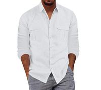 Camisa de manga larga de algodón y lino para hombre, de corte clásico, casual, sólido, ligero, cuello alto abotonado, bolsillo, camiseta transpirable, cómoda, corte clásico, camisa de negocios, blanco