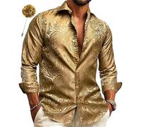 Camisa de manga larga genérica para hombre de corte ajustado informal, con botones para el diario y el ocio diseño de algodón transpirable traje floral colorido para hombre noche disco retro, dorado