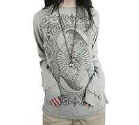 Camisa de manga larga Harajuku para mujer Y2K con estampado de calavera, tops de manga larga, camiseta holgada con hombros descubiertos, ropa grunge gótica, S