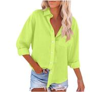 Camisa de Manga Larga Mujer Algodón y Lino Blusa Camiseta Verano Moda Color sólido Casual Cómodo Suelto Cuello en V Botones Tops Elegante T-Shirt Basic tee Talla Grande Oficina Ligero 2024