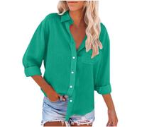 Camisa de Manga Larga Mujer Algodón y Lino Blusa Camiseta Verano Moda Color sólido Casual Cómodo Suelto Cuello en V Botones Tops Elegante T-Shirt Basic tee Talla Grande Oficina Ligero 2024