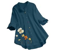 Camisa de Manga Larga Mujer Lino Moda Estampado de Flores Camiseta Blusa Elegante Verano Suelto Casual Cuello en V Tops Fiesta T-Shirt Original Basic tee Talla Grande Transpirable Ligero 2024
