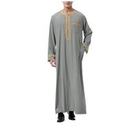 Camisa de manga larga para hombre, blusa, polo, vestido musulmán, bata musulmana, bata árabe media, manga larga, bolsillo bordado, camisa larga, bata, abrigo, camisa, gris, S
