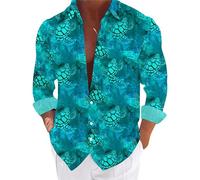 Camisa de manga larga para hombre, camisa hawaiana, camisa informal hawaiana, tortugas, estilo tropical, estampados, camisa de verano, ocio, azul claro, S