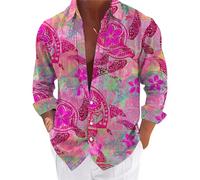 Camisa de manga larga para hombre, camisa hawaiana para hombre, camisa informal hawaiana, estilo tropical, estampado con botones, camisa informal de verano para hombre, Rosa intenso., XL