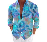 Camisa de manga larga para hombre, camisa hawaiana para hombre, camisa informal hawaiana, estilo tropical, estampado con botones, camisa informal de verano para hombre, azul claro, 3XL