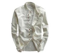 Camisa de manga larga para hombre con cuello alto, informal, de lino, china, delgada, para uso diario, blanco, M
