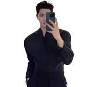 Camisa de manga larga para hombre, cuello alto, estilo chino, casual, sin arrugas, para negocios, elegante, color sólido, camiseta de algodón (L negro)