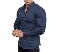 Camisa de manga larga para hombre de color liso, ajuste muscular, atlética, ajustada, manga larga, elástica, informal, con botones, marine, 3XL