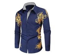 Camisa de manga larga para hombre, estampado bronceado, casual, ajustada, estampado de dragón, camisa para hombre, azul marino, S