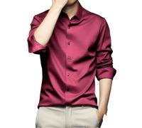 Camisa de manga larga para hombre, lisa, ajustada, informal, formal, de seda, Burdeos, 3XL