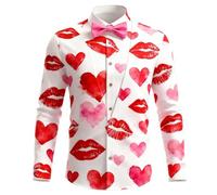 Camisa de manga larga para hombre, para San Valentín, impresión 3D, divertida, falsa, aspecto de esmoquin, corazón, labios, estampado, camisa con motivos para hombre, carnaval, fiesta, atuendo regular