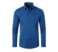 Camisa de manga larga para hombre, talla grande, con solapa, color liso, con botones, camisa pesada, azul, L