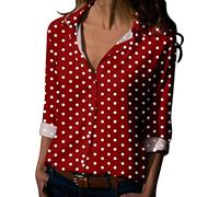 Camisa de manga larga para mujer con cuello en V, lunares, camisa con botones hacia abajo, blusa con puntos, primavera verano elegante, blusa cómoda y transpirable, de manga larga, tallas grandes
