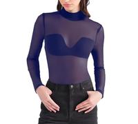 Camisa de manga larga para mujer, con cuello en V, moldeadora de brazos, con canesú de malla translúcida, camiseta informal para moldear, azul, XXL