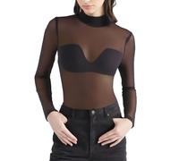 Camisa de manga larga para mujer, con cuello en V, moldeadora de brazos, con canesú de malla translúcida, camiseta informal para moldear, Negro , XL