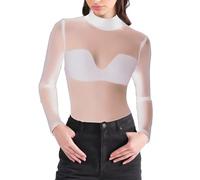 Camisa de manga larga para mujer, con cuello en V, moldeadora de brazos, con canesú de malla translúcida, camiseta informal para moldear, Blanco, 3XL