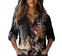 Camisa de manga larga para mujer, con estampado retro, estampado floral, con botones, holgada, cuello en V, cuello de solapa, blusas elegantes, estilo casual, ligeras, para verano, otoño, uso diario
