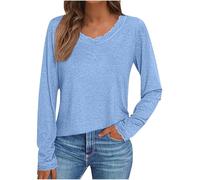Camisa de manga larga para mujer, elegante ribete de encaje, cuello en V, manga larga, ajuste holgado, túnica lisa, cómoda, básica, elegante, casual, para mujer, camisetas sin botones, azul (01.Blue