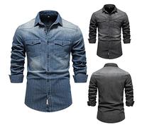 Camisa de mezclilla para hombre, corte entallado, a rayas, de chambray, estilo Ld, estilo Ld, ropa de trabajo, camisas casuales de negocios, con botones, vintage, con bolsillos con solapa, camisetas