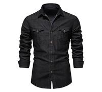Camisa de mezclilla para hombre de manga larga sin contracción con cuello grande elástico, camisa de botones abotonada, lisa, casual, con dobles bolsillos frontales, camisa de mezclilla occidental