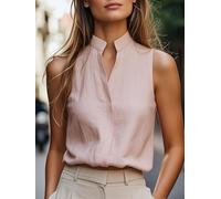 Camisa de moda sin mangas con cuello en V para mujer, color puro, longitud regular, parte superior de poliéster, adecuada para el hogar, oficina, club, vacaciones, todas las estaciones (XXL rosa)