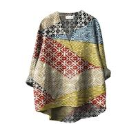 Camisa de mujer Blusa con cuello con estampado geométrico tradicional japonés Top informal de manga larga para mujer Camiseta elegante de primavera suelta túnica para salir