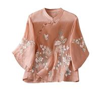 Camisa de mujer Bordado Camisa Mujer Manga 3/4 Chic Chic Y Elegante Alto Cuello Mao Casual Top Algodón Lino Verano Blusa Clásica Moda Blusa Corte Holgado Confort, rosa, XXX-Large