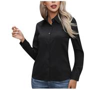 Camisa de mujer con botones, casual, de un solo color, de manga larga, con solapa, blusa para mujer, ajuste clásico, para trabajo, oficina, elegante y formal, blusas básicas ligeras, Negro 1, S