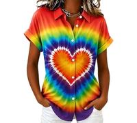 Camisa de Mujer con Estampado de Corazones Tie-Dye arcoíris con Botones para Llevar a Diario en Primavera y Verano Tanto para el día a día como para Festivales