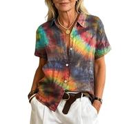 Camisa de Mujer con Estampado de Corazones Tie-Dye arcoíris con Botones para Llevar a Diario en Primavera y Verano Tanto para el día a día como para Festivales
