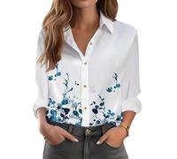 Camisa de Mujer con Estampado Mariposas Azules Salpicaduras de Tinta, Manga Larga Cuello Solapa, Blusa túnica Elegante Informal Holgada para Diario, Oficina y Vacaciones