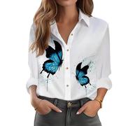 Camisa de Mujer con Estampado Mariposas Azules Salpicaduras de Tinta, Manga Larga Cuello Solapa, Blusa túnica Elegante Informal Holgada para Diario, Oficina y Vacaciones