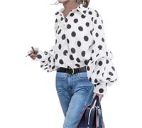 Camisa de Mujer con Solapa de Lunares en Blanco y Negro, Manga Larga, Botones Sueltos, Informal, for Oficina(White,M)