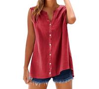 Camisa de mujer de algodón lino elegante transpirable talla grande camiseta casual verano ligera blusa vintage vacaciones primavera top color liso playa moda oficina camiseta tees, rojo, S