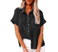 Camisa de mujer de algodón y lino Blusa con botón Blusas de solapa manga corta Top Color sólido Versátil Top Beach Camisa cómoda holgada Blusa Camisa Oversize Mujer de gran tamaño, Negro , M