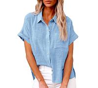 Camisa de mujer de algodón y lino Blusa con botón Blusas de solapa manga corta Top Color sólido Versátil Top Beach Camisa cómoda holgada Blusa Camisa Oversize Mujer de gran tamaño, BU2, M