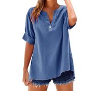 Camisa de mujer de algodón y lino cuello en V ligera cómoda Blusa elegante tallas grandes mar casual blusa de lino liso curvy moda camiseta tees oversize transpirable manga corta camiseta mujer, 01