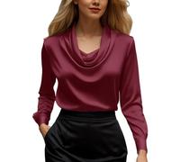 Camisa de mujer de cuello alto satinado manga larga camisa mujer elegante cómoda chaqueta mujer mujer blusa de oficina mujer otoño blusa elegante suave moda vestido de gala para Navidad víspera, rojo